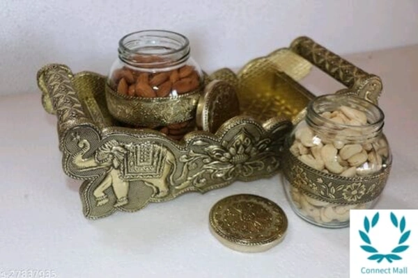  VNS Tray and Jar setTray wooden . 2 Bowl Glass,Gold )
